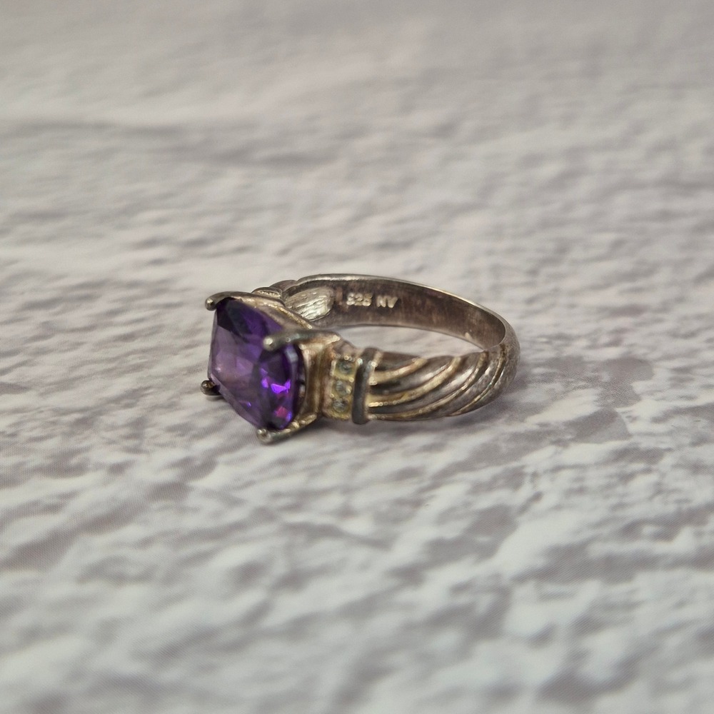 NV 925 Sterling Silver Purple Amethyst Cushion Cable Twist Ring Size 6